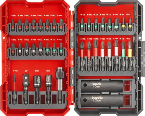 KWB PROFI 39 db-os bitkészlet, 25 és 50 mm bitek, dugófejek, mágneses bit-tartó, hatlapfejű behajtó bit
